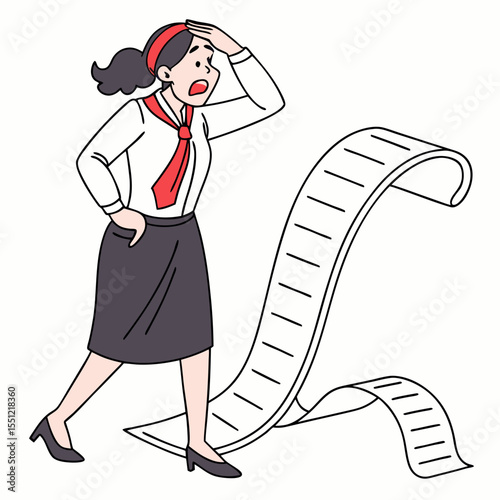Overwhelmed woman looking at a long list of bills and financial obligations