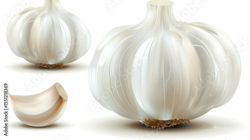 Garlic Cloves and Bulb Illustration, Realistic and Detailed, Perfect for Culinary and Kitchen Themes in Stock Photography