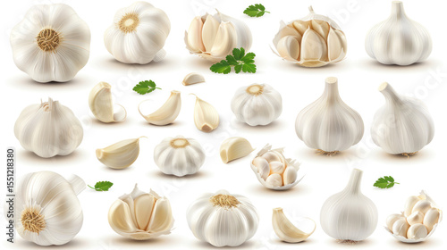 Fresh Garlic Cloves and Heads in Different Arrangements for Culinary and Health Uses