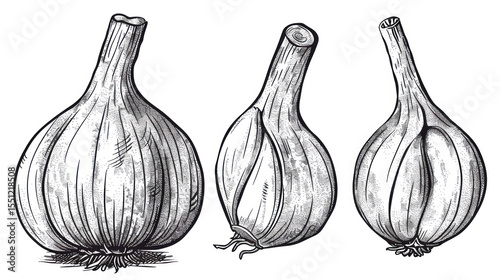 Vintage Illustration of Three Distinct Garlic Bulbs in Detailed Monochrome Style for Culinary and Botanical Use