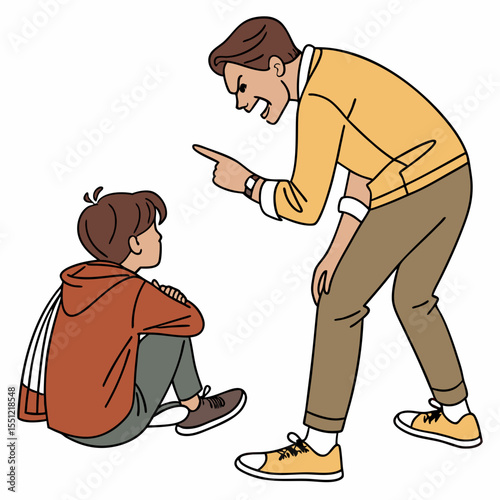 Father scolding son, conflict between parent and child in cartoon style