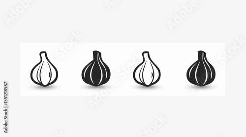 Illustration of four stylized garlic bulbs in black and white, showcasing different shapes and designs for culinary or artistic use