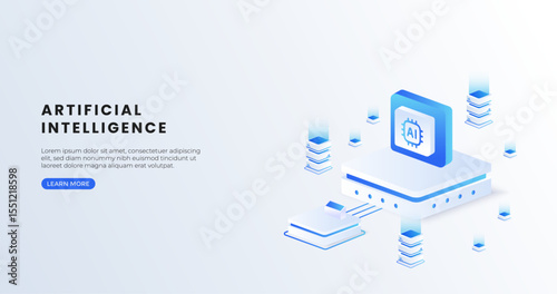 Artificial intelligence chip isometric vector illustration. Database machine learning technology, computer electronics and AI systems landing page template.