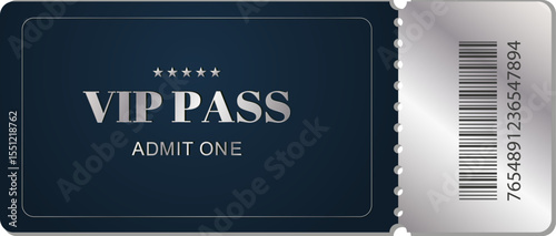 Stylish VIP pass, ticker with silver and dark blue design featuring VIP PASS and Admit One text. Elegant ticket with barcode and stars, perfect for events, exclusive parties, and special invitations.