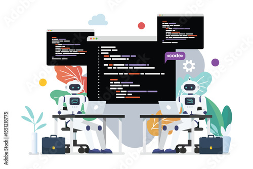Androids programmer writing code on laptop together