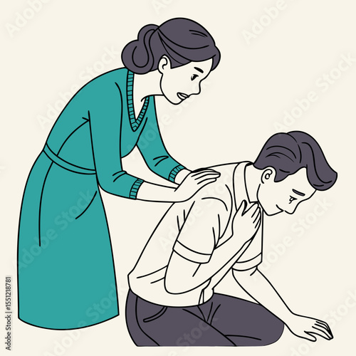 Empathy and Support: Woman Comforting Distressed Man in Line Art Style