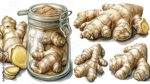 Illustration of Fresh Ginger Root with Slices and Jar Containing Grated Ginger for Culinary and Health Use