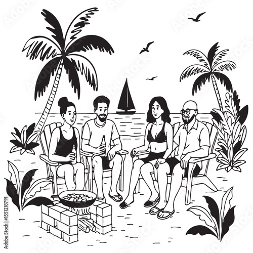camping by the water vector sketch summer landscape with palm trees. company of people on the beach vector hand drawn