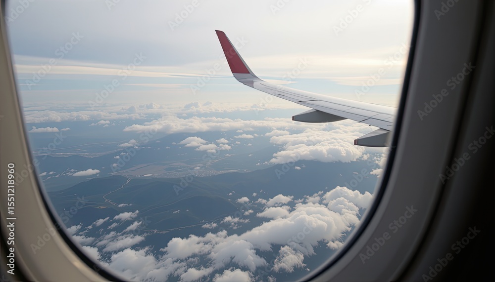 Fototapeta premium View of Airplane Wing Above Clouds with Scenic Landscape Below