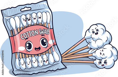 Cartoon Cotton Swabs in Packaging and Loose with Expressive Faces