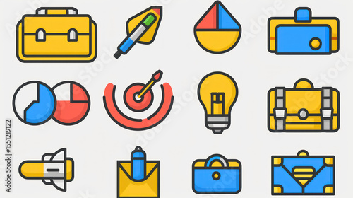 Icons Representing Business, Creativity, Strategy, Achievement, and Communication for Visual Projects and Presentations