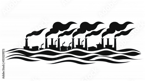 Silhouette of Industrial Factories Releasing Smoke with Waves in Black and White Background
