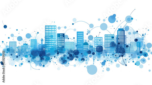 City Skyline Abstract Background in Blue Color with Circles and Shapes for Creative and Artistic Designs