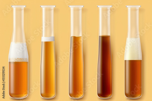 Five Glass Test Tubes with Beer in Various Colors and Foam Levels Against a Yellow Background
