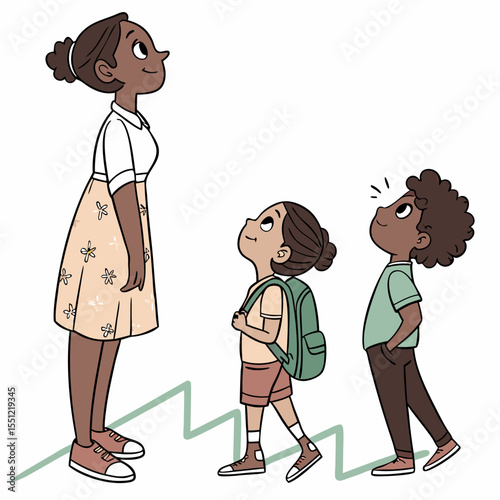 Children and teacher curiously gazing upwards at an unseen phenomenon in wonder