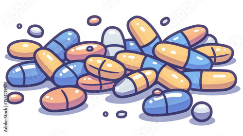 Capsules and Pills Piled Together in a Vibrant Medical Illustration for Health and Wellness Concepts