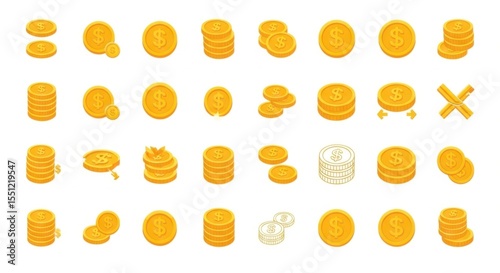 Collection of Golden Coin Icons Representing Wealth and Financial Success