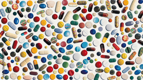 Colorful Array of Various Medications and Pills on White Background Showcasing Different Shapes and Sizes for Pharmaceutical Concepts