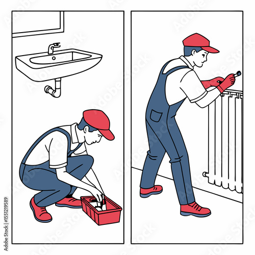 Illustration depicting a plumber performing plumbing repairs and maintenance tasks