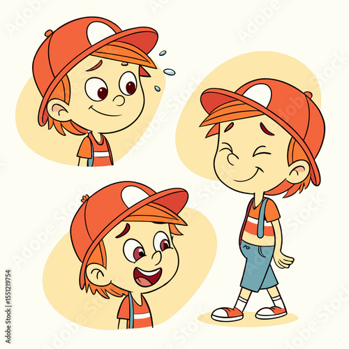 Cartoon Boy's Expressions: Happy, Shy, Confident Character Illustrations for Animation