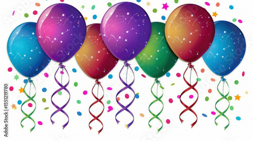 Party balloons with ribbons and confetti for festive celebrations and joyful occasions in vibrant colors and designs