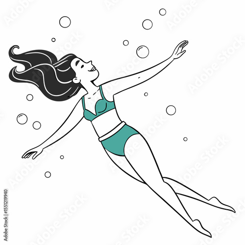Serene swimmer underwater surrounded by bubbles in a minimal style art