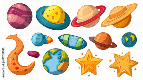 Colorful Cartoon Planets and Celestial Objects in Bright Colors for Children's Illustrations and Designs