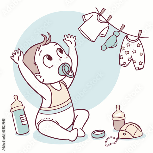 Infant's inquisitive gaze towards freshly laundered attire hanging above