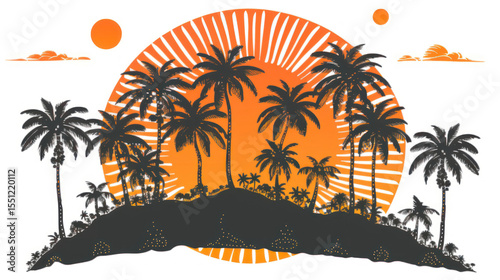 Tropical Sunset with Silhouette of Palm Trees Against Bright Orange Sun and Radiant Rays