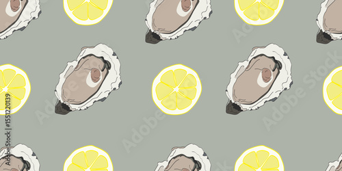 Seamless oyster and lemon on green gray illustration.