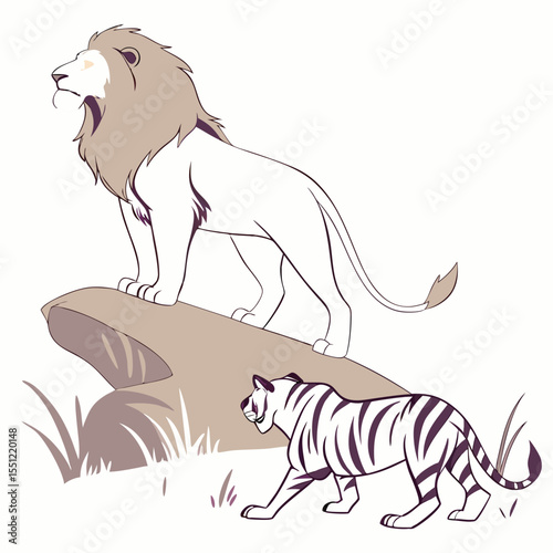 Stylized wildlife illustration featuring a lion on a rock and a tiger