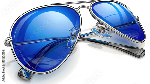 Stylish blue sunglasses with reflective lenses and silver frame, perfect for summer fashion and outdoor activities, close-up view on a clean background