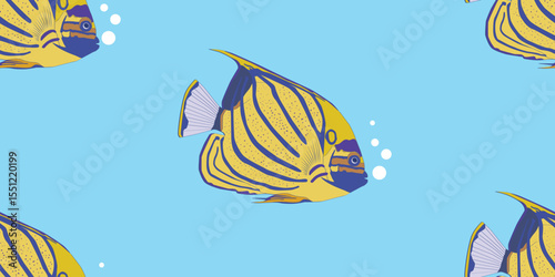 Colorful bright Angelfish pattern. Tropical fish on blue and yellow background. For ocean-themed textiles, wallpapers and packaging, postcards or covers.