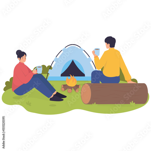 Camping Adventure Illustation. Vector illustration of A couple enjoying a warm drink by the campfire with a tent in the background during camping. Isolated on background