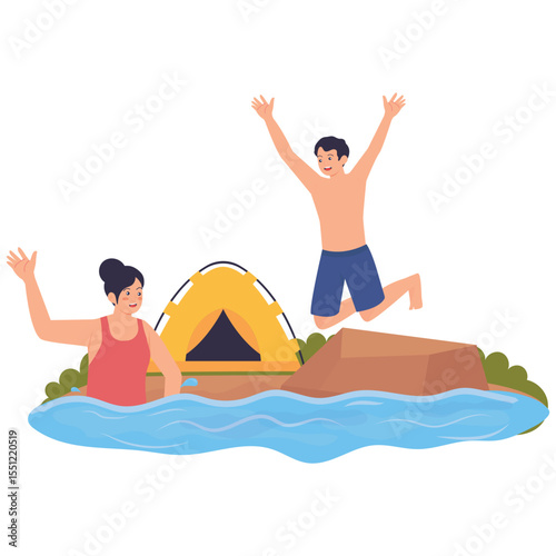 Camping Adventure Illustation. Vector illustration of A man jumping into the water while a woman enjoys swimming near their campsite. Isolated on background