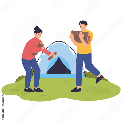 Camping Adventure Illustation. Vector illustration of Campers collecting firewood together in front of their tent to prepare for a campfire Isolated on background