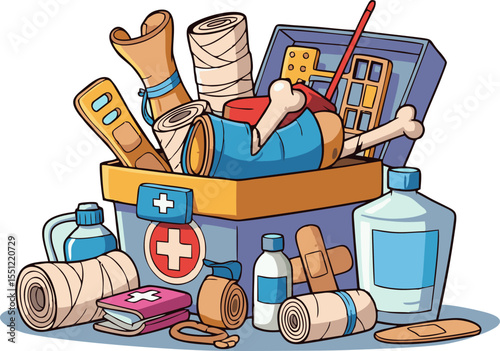 Cartoon First Aid Kit with Bandages, Bottles, and Medical Supplies.
