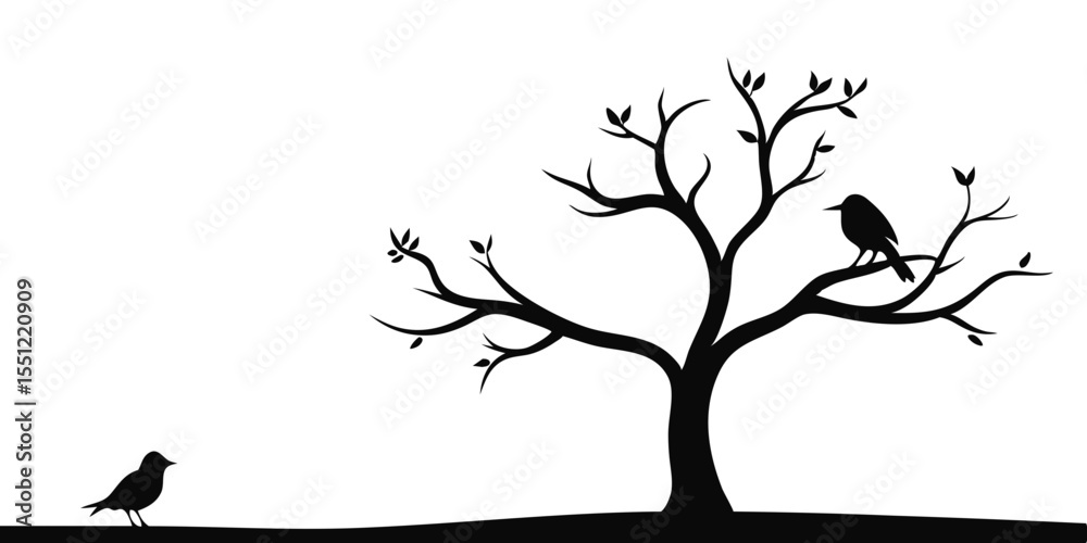 Fototapeta premium Black silhouette of a bird-filled tree in spring, a beautiful nature illustration