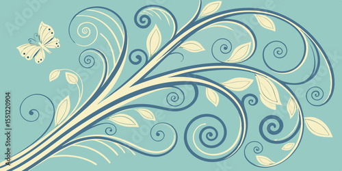 Abstract blue floral background with seamless vintage ornamental swirls, perfect for decorative wallpaper design
