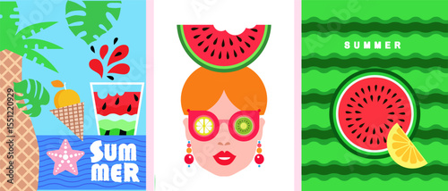 Summer time, Hello, summer -set cards in cartoon style concept design, modern abstract background Set icons for bar, cafe or restaurant menu, poster, web-banner, social media post Vector 