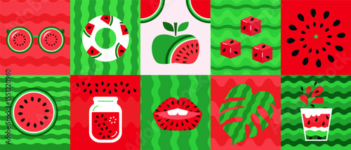 Summer watermelon abstract banner concept design background in cartoon style Set icons for bar, cafe. menu, web-banner, social media post Vector cute flat illustration