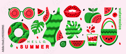 Summer watermelon abstract banner concept design background in cartoon style Set icons for bar, cafe. menu, web-banner, social media post Vector cute flat illustration