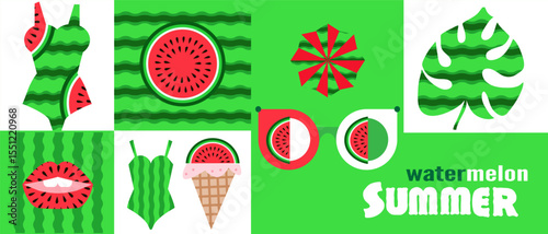 Summer watermelon abstract banner concept design background in cartoon style Set icons for bar, cafe. menu, web-banner, social media post Vector cute flat illustration