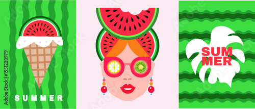 Summer time, Hello, summer -set cards in cartoon style concept design, modern abstract background Set icons for bar, cafe or restaurant menu, poster, web-banner, social media post Vector 