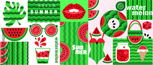 Summer watermelon abstract banner concept design background in cartoon style Set icons for bar, cafe. menu, web-banner, social media post Vector cute flat illustration