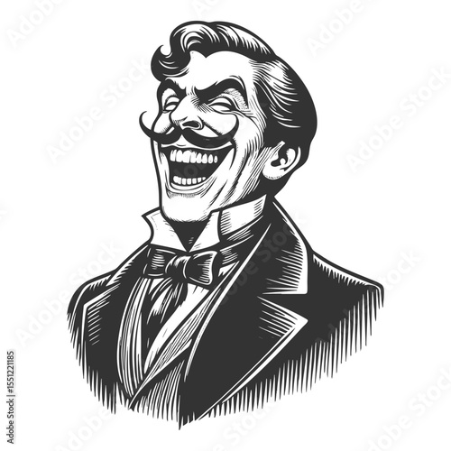 gentleman with a large grin and curled mustache, laughing heartily in formal attire sketch engraving generative ai fictional character vector illustration. Scratch board imitation. Black and white.