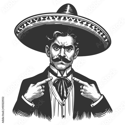 man in a large sombrero, dramatically pointing at his curled mustache with intensity sketch engraving generative ai fictional character vector illustration. Scratch board imitation. Black and white.