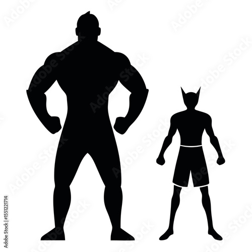 Superhero Power Couple Muscular Hero and Feline Ally Silhouettes on White Background