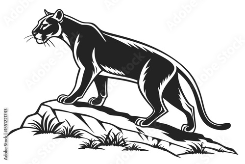 Majestic Black Panther Silhouette Perched on Rocky Outcrop, a Study in Monochrome Simplicity and Powerful Graceful Feline Form