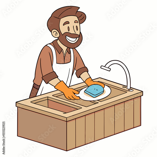 Cartoon illustration of a bearded man washing dishes in a kitchen sink